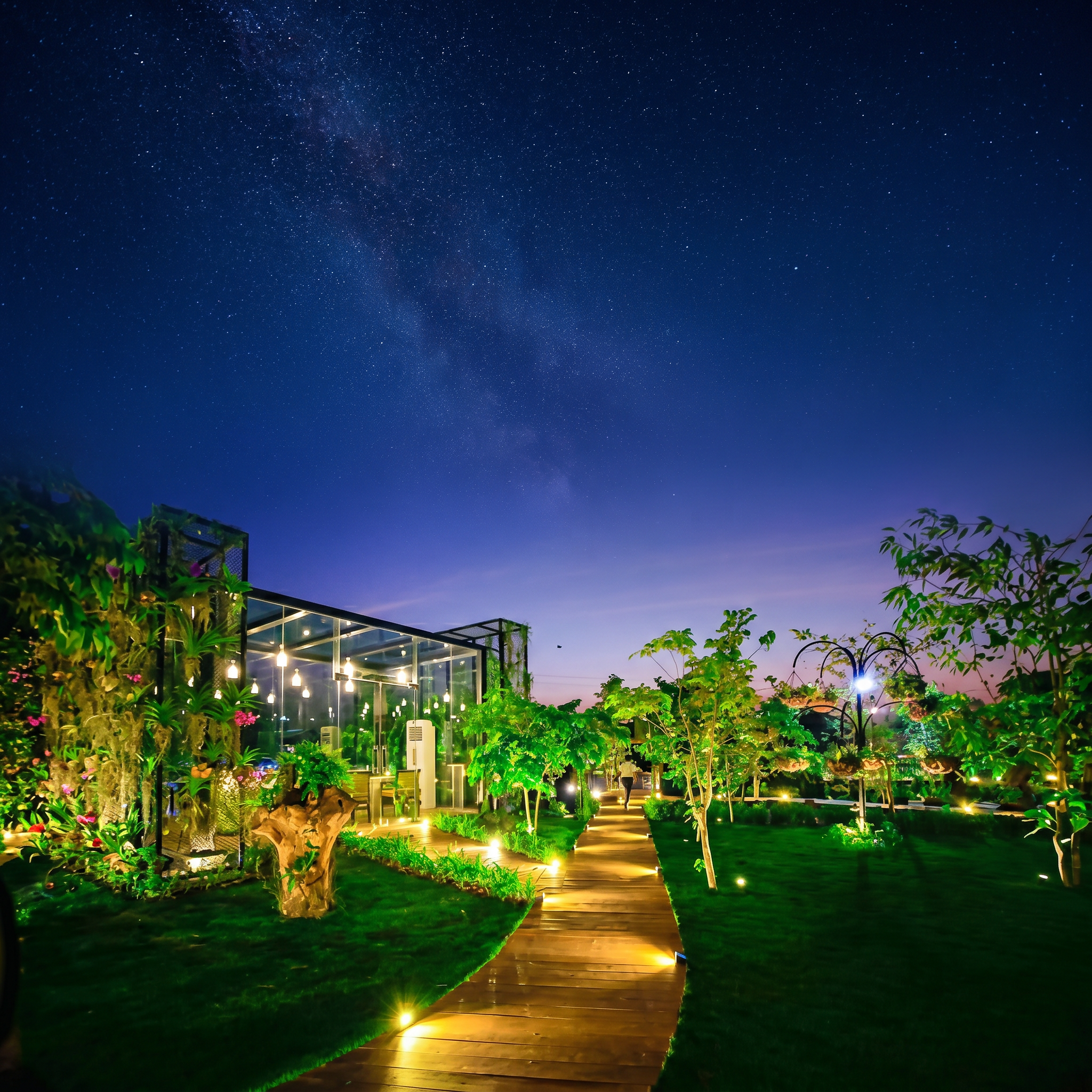 The illuminated garden at Fiftykay Orchids, WatersEdge at night.